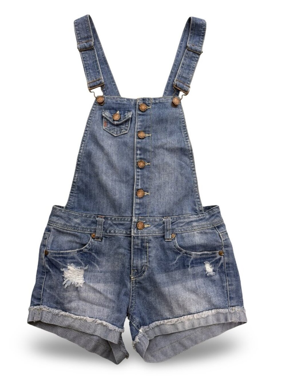 Dollhouse Distressed Denim Shortalls Overalls Womens XS Blue Cuffed Boho Summer